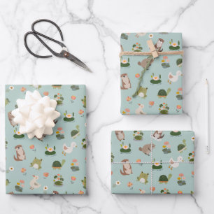 Teich-Tiere & Seerosenblätter auf Pistazien-Grün Geschenkpapier Set