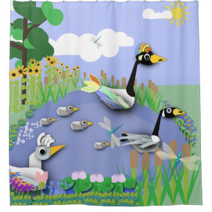 Teiches im Cartoon mit Gänsen und Enten Duschvorhang