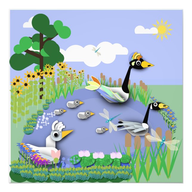 Teiches im Cartoon mit Gänsen und Enten Fotodruck (Vorne)