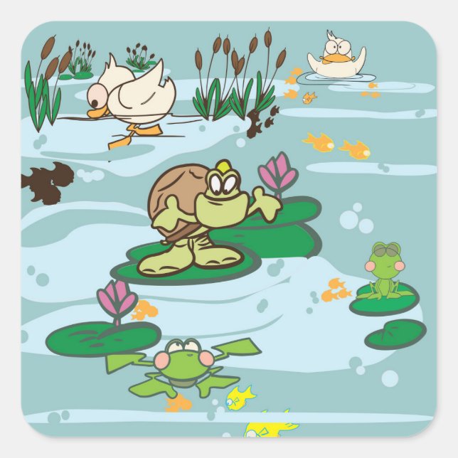 Teichszene mit Cartoon Schildkröte, Ente, Fisch un Quadratischer Aufkleber (Vorderseite)