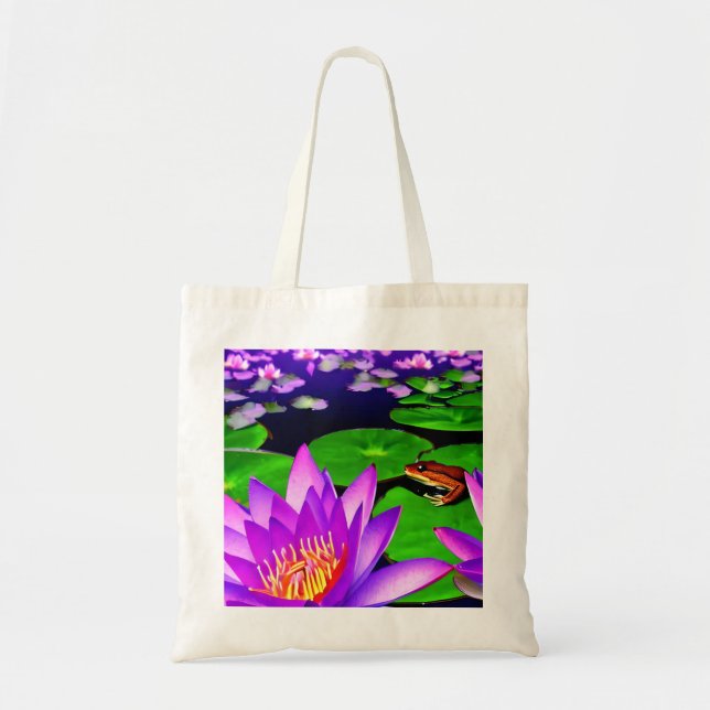 Teichszene mit Wasserlilie, Lily Pads und Frosch Tragetasche (Vorne)