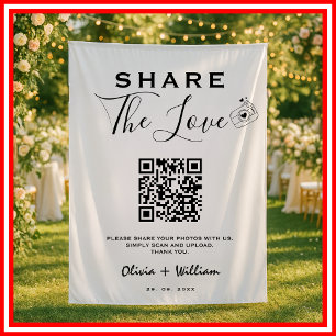 Teile die Liebe Moderne QR-Code-Hochzeitskulisse Wandteppich