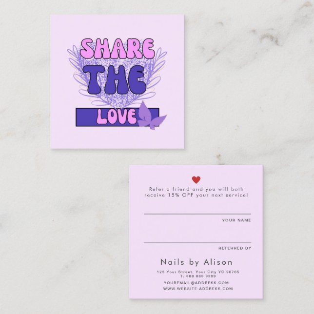 Teilen Sie die Liebe rosa lila moderne Typografie Empfehlungskarte (Vorne/Hinten)
