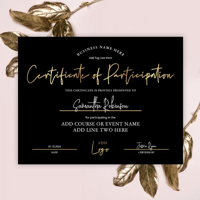 Teilnahmezertifikat für das Black Gold Logo (Elegant black and gold Certificate of Participation with space for your logo and custom text)