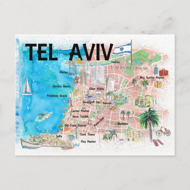 Tel Aviv Israel Carte illustrée avec des routes (Devant)