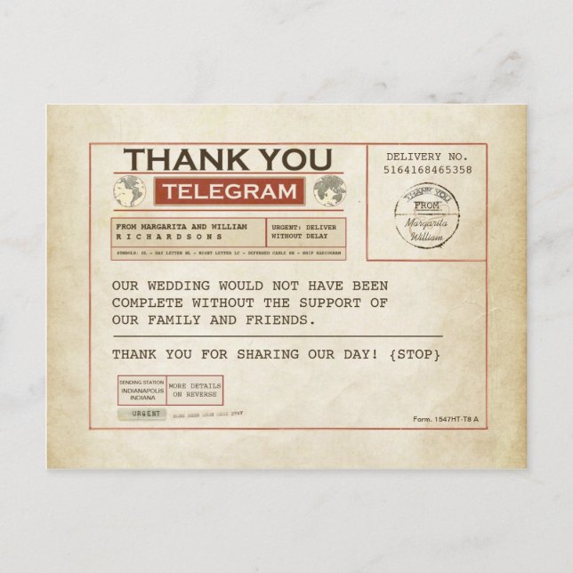 Telegram Vielen Dank für Ihre Karten für Ihre Hoch (Vorderseite)