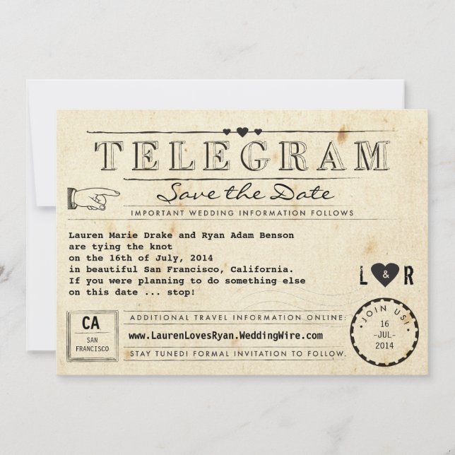 Telegramm mit Hearts Vintage Travel Save the Date (Vorderseite)