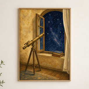 Teleskop am offenen Fenster Wasserfarbenposter Poster