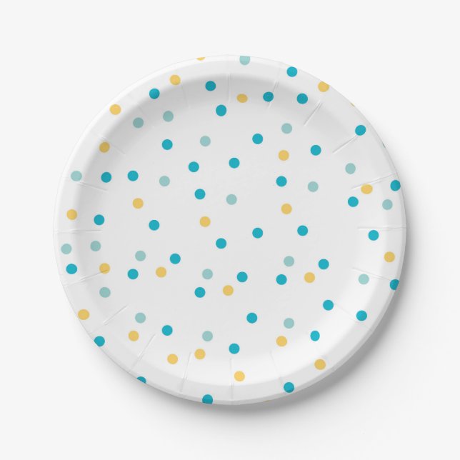 Teller aus blau, aqua und gelb gespecktem Party (Vorderseite)