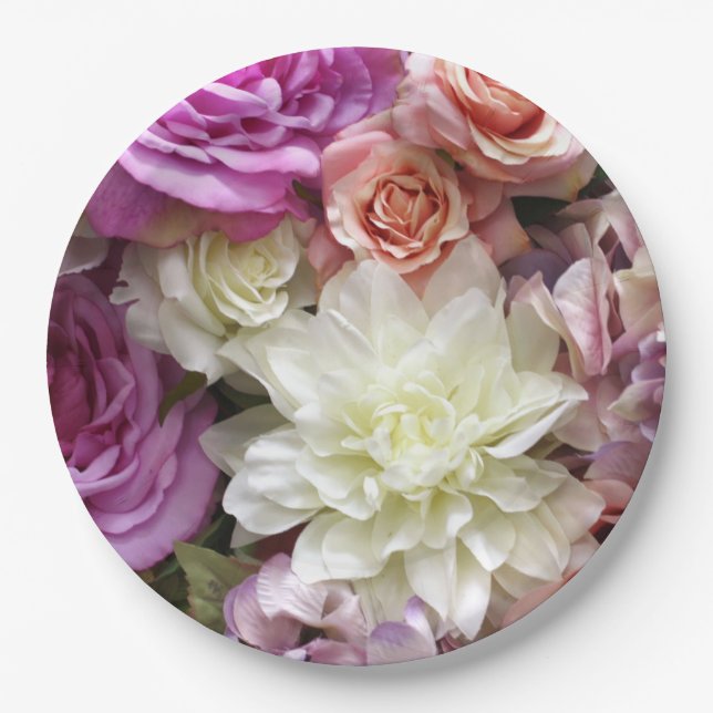 Teller aus Blumenpapier mit Dahlien und Rose (Vorderseite)