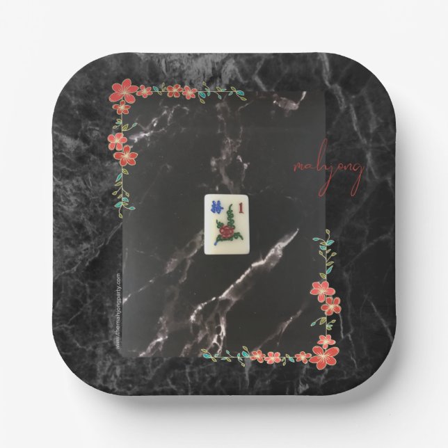 Teller aus Mahjong mit Marmor und Blumenmuster (Vorderseite)