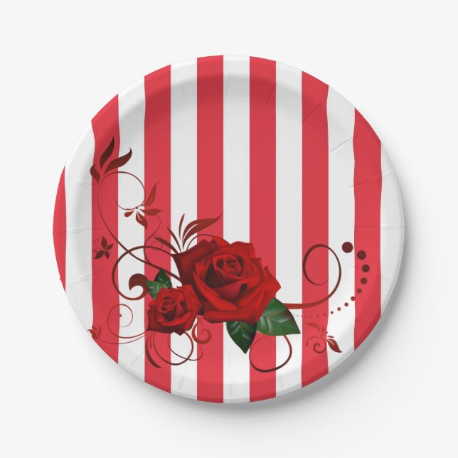 Teller aus Papier, Rot und Weiß Streifen Rote Rose (Vorderseite)