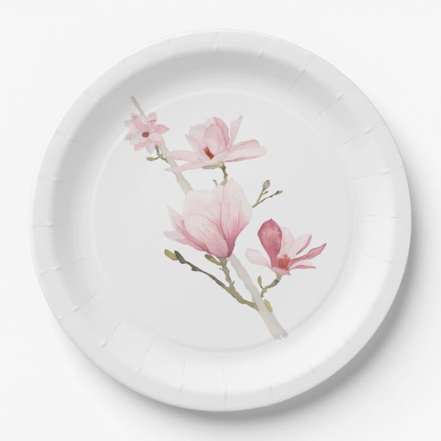 Teller aus rosa Magnolien und grünem Papier (Vorderseite)
