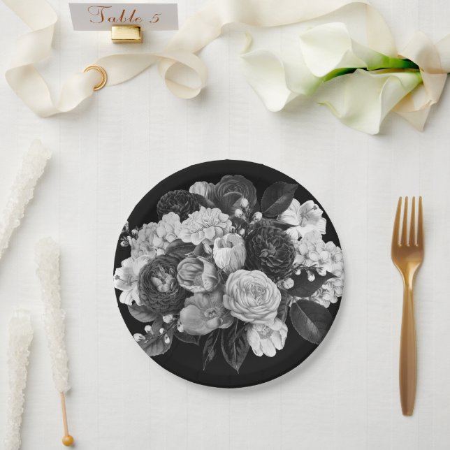 Teller aus schwarzem und weißem Blume (Hochzeit)