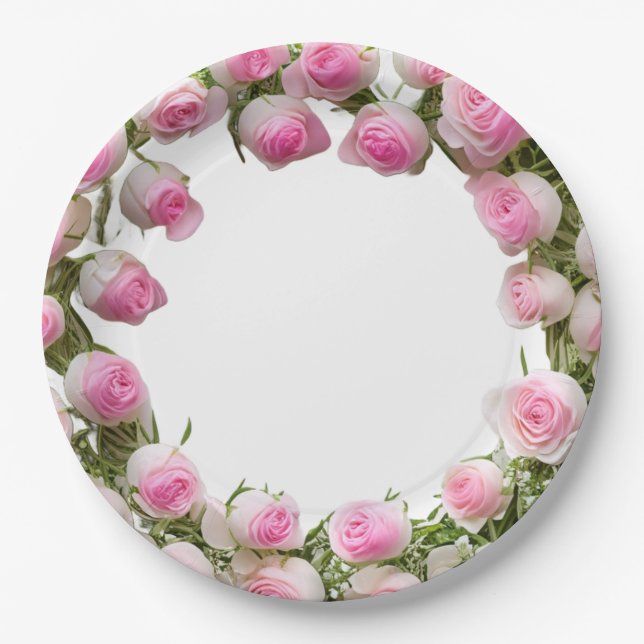 Teller aus weichrosa Rosen, 9" Rundpapier (Vorderseite)