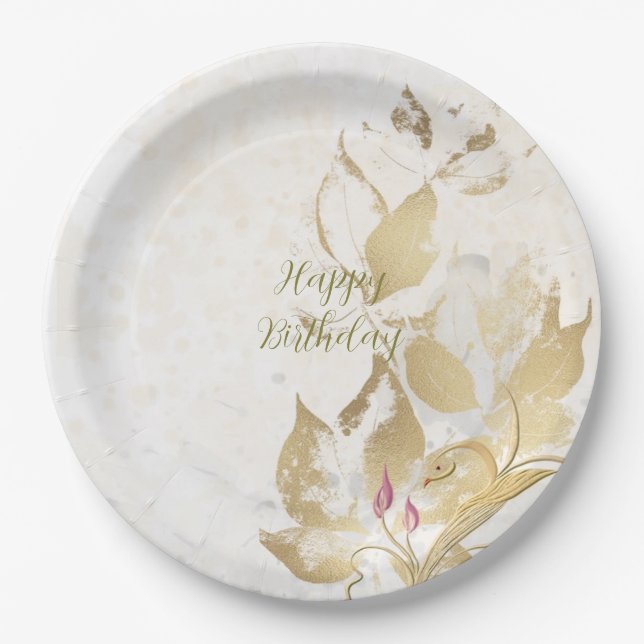 Teller aus weißem, weißem Blätter, rot und botanis (Vorderseite)