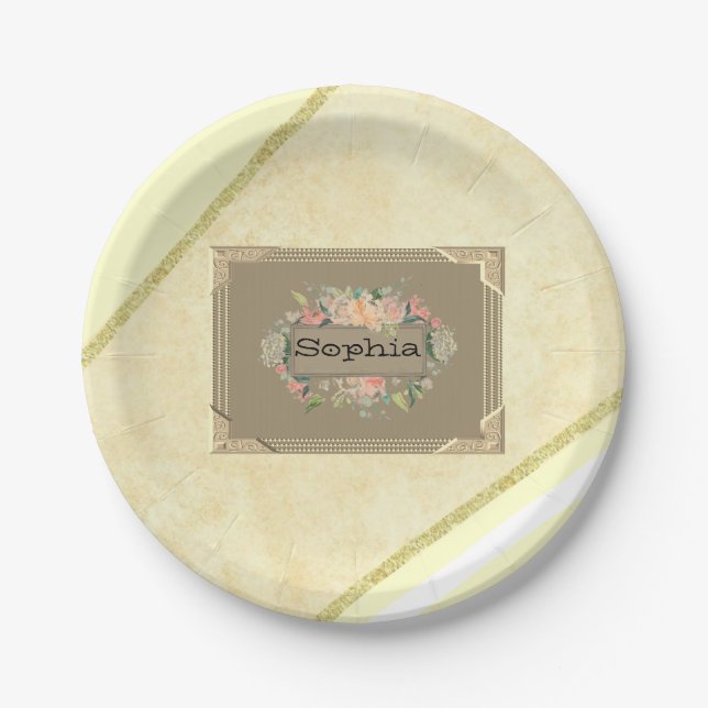 Teller, Beige-Streifen-Monogramm Pappteller (Vorderseite)