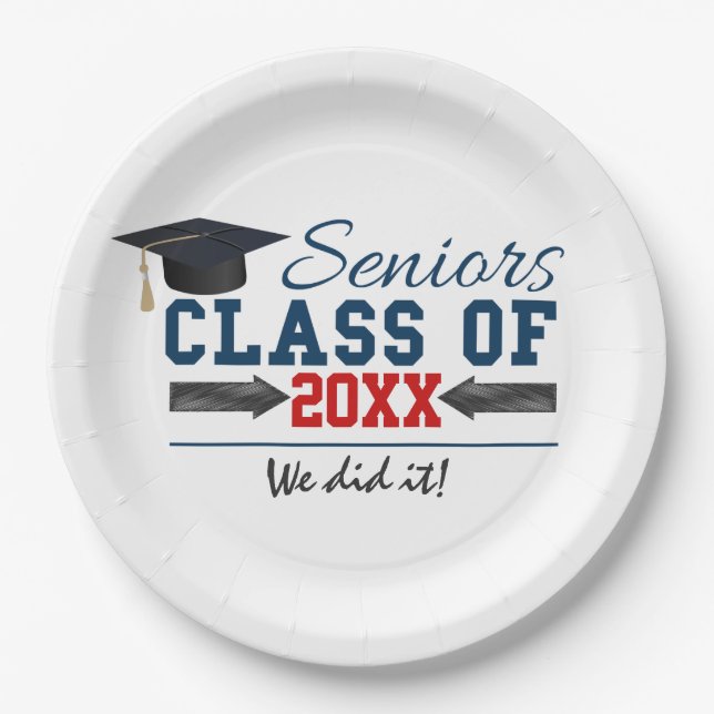Teller der Navy Blue Red Typografy Graduation Part (Vorderseite)