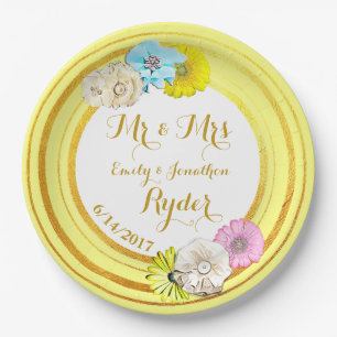 Teller für Hochzeitspapiere in Gelb, Blau und Gold