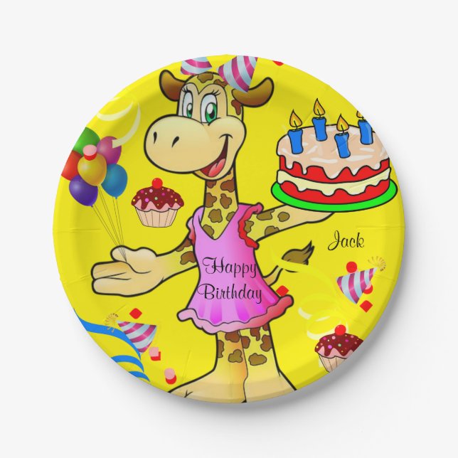 Teller, Giraffe, gelbes Happy Birthday Cake Pappteller (Vorderseite)