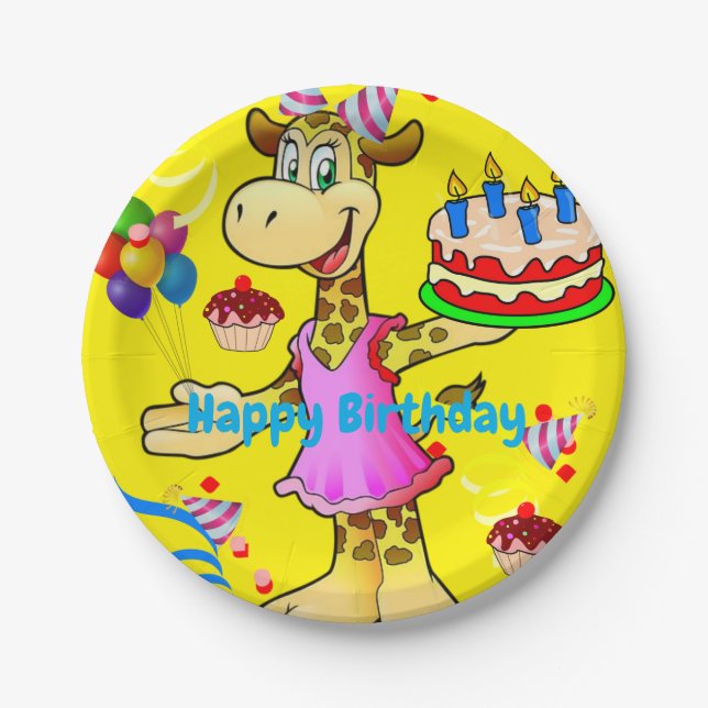 Teller, Giraffe Happy Birthday Cake Gelb Pappteller (Vorderseite)