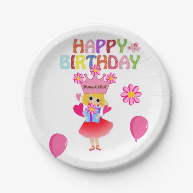 Teller, glücklich zum Geburtstag, rosa Prinzessin Pappteller (Vorderseite)