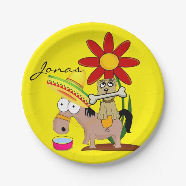 Teller, mexikanischer Donkey Sombrero Dog gelb Pappteller (Vorderseite)