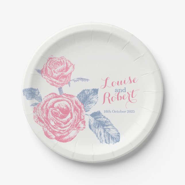 Teller mit rosa Hochzeitsrosa (Vorderseite)