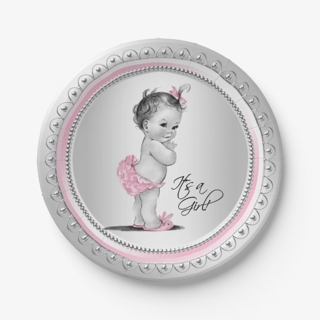 Teller mit rosa und silberfarbenem Babyduschpapier (Vorderseite)