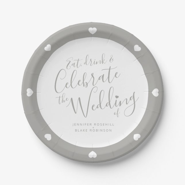 Teller mit weißer Hochzeitschrift und grauem Herz (Vorderseite)