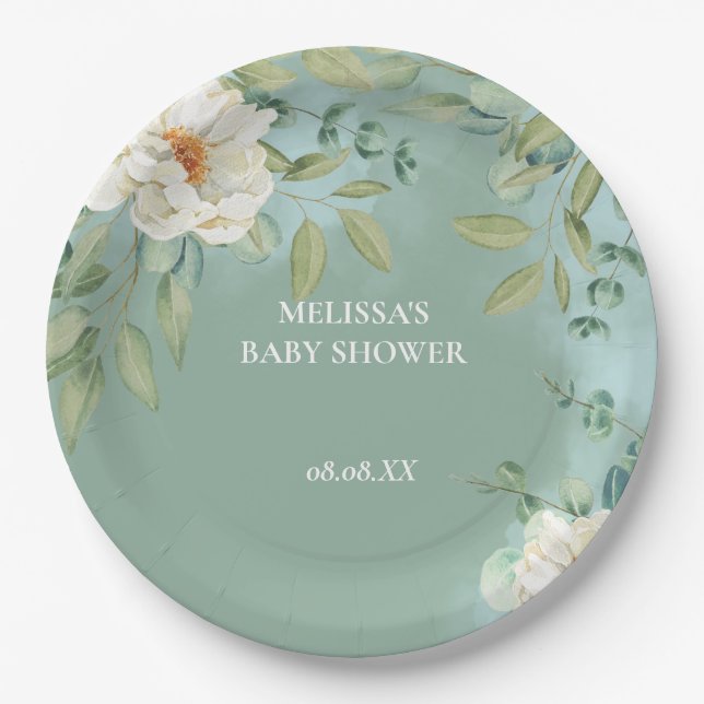 Teller Papier Silver Sage Eukalyptus Weiße Blume (Vorderseite)