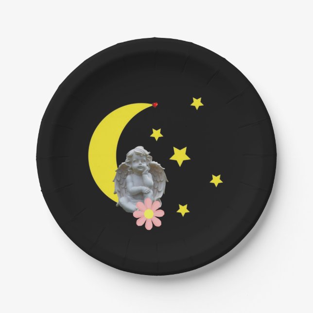 Teller, schwarz-gelbe Mond-Stars Angel Blütenblätt Pappteller (Vorderseite)