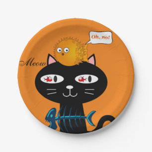 Teller, schwarze Katzenfische, orange, Meow Pappteller