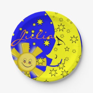 Teller, Sun Moon, gelbe Stars, blau Pappteller