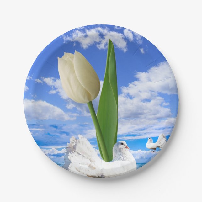 Teller, Tulip Floral White Birds Pappteller (Vorderseite)