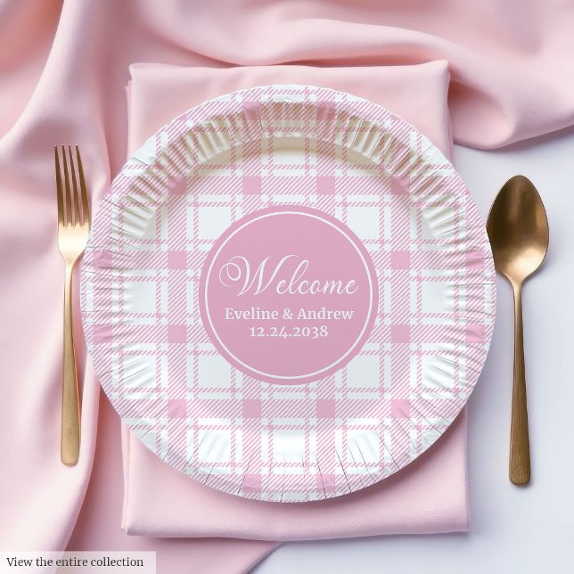 Teller von Hochzeitspartys Rosa Karierter Individu (Wedding Party Paper Plates Pink Plaid Custom Name)