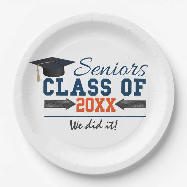Teller von Navy Blue Orange Graduation Party (Vorderseite)