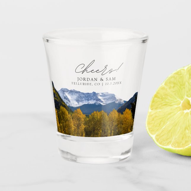Telluride Foto Gastgeschenk Hochzeit Cheers Shot G Schnapsglas (Vorderseite)