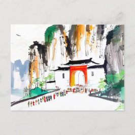 Tempel mit Menschen in der Bergwelt Postkarte