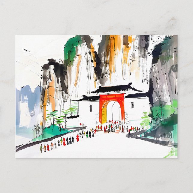 Tempel mit Menschen in der Bergwelt Postkarte (Vorderseite)