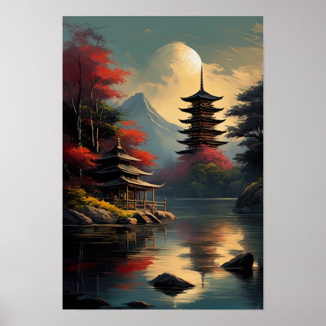 Tempel und Pagode am See Poster (Vorne)