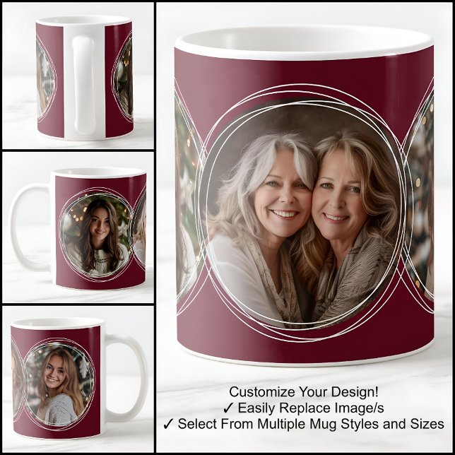 Template 3 Circular Fotos Collage Burgundy C31 Kaffeetasse (Von Creator hochgeladen)