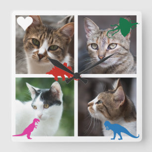 Template 4 Photo Collage Dinosaur Toy Set Quadratische Wanduhr