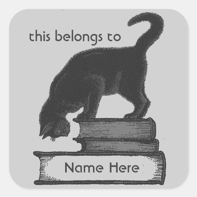 Template Cat on Books Label - Grauer Hintergrund Quadratischer Aufkleber (Vorderseite)