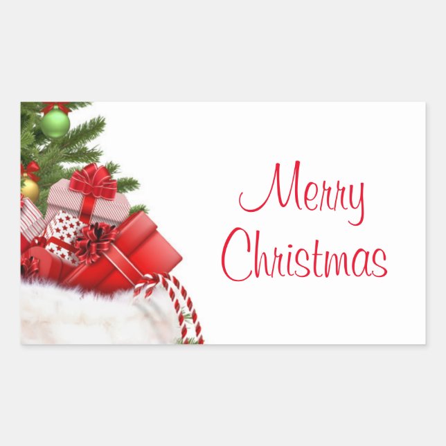 Template Custom frohe Weihnachtsbaum und Geschenke Rechteckiger Aufkleber (Vorderseite)