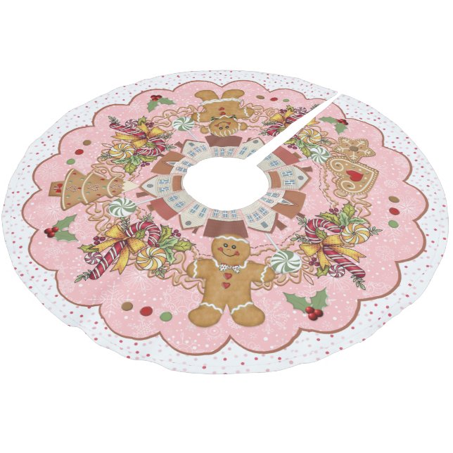 Template Gingerbrot Pink Treeskirt Polyester Weihnachtsbaumdecke (Schrägansicht)
