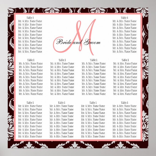 Template Wedding Seating Chart Brown Damask Pink Poster (Vorne)