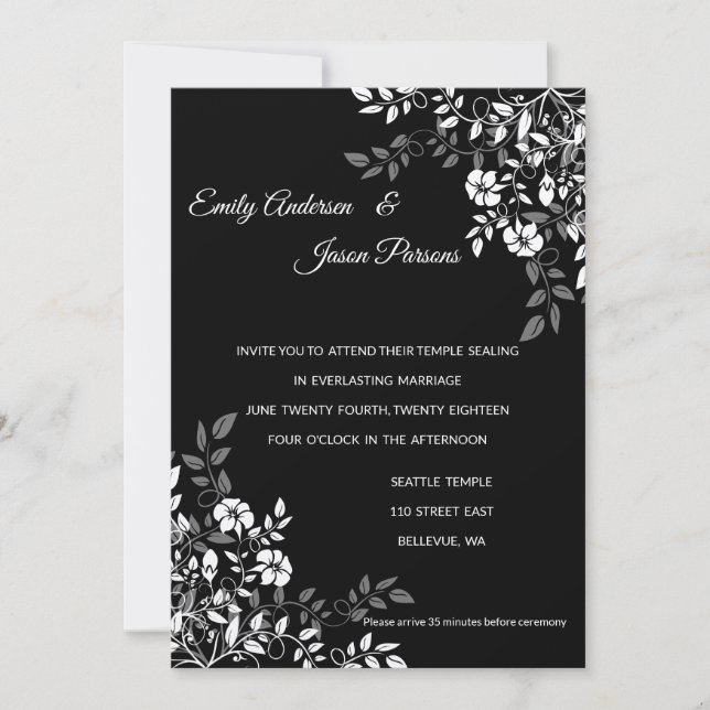 Temple floral noir et blanc Faire-part de mariage (Devant)