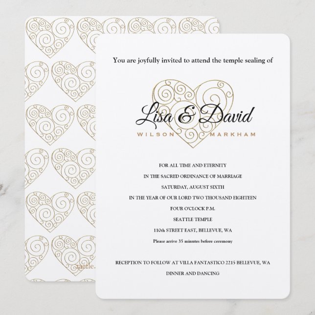 Temple Gold Heart Mariage et Invitation de récepti (Devant / Derrière)
