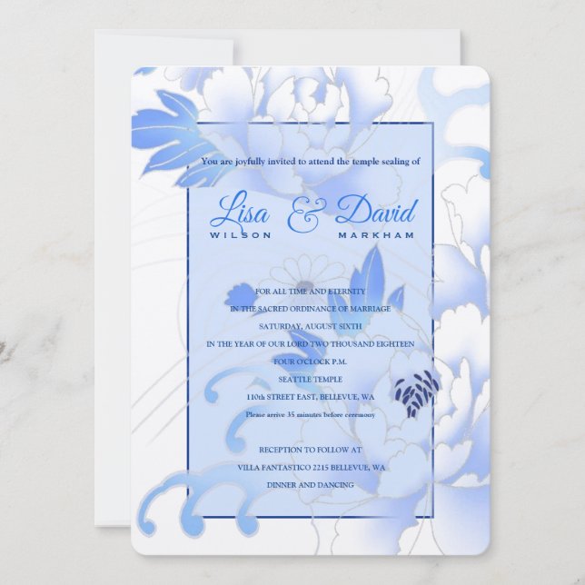 Temple Wedding & Empfang Invite-Blue Peonies Einladung (Vorderseite)